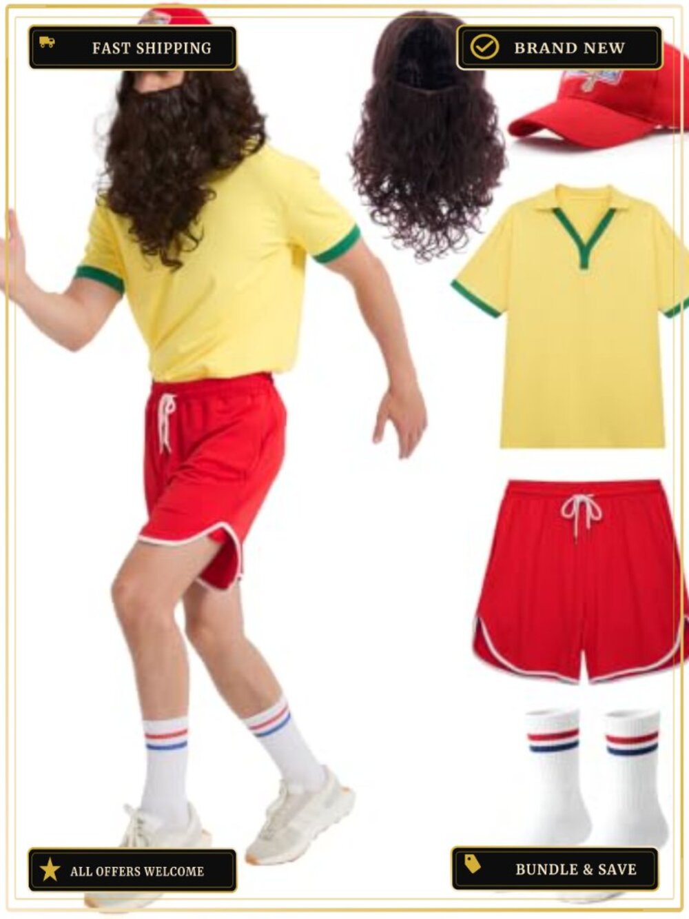 Men's Couple Halloween Costume Set Shirt Shorts Cap Wig Beard Adult Cosplay